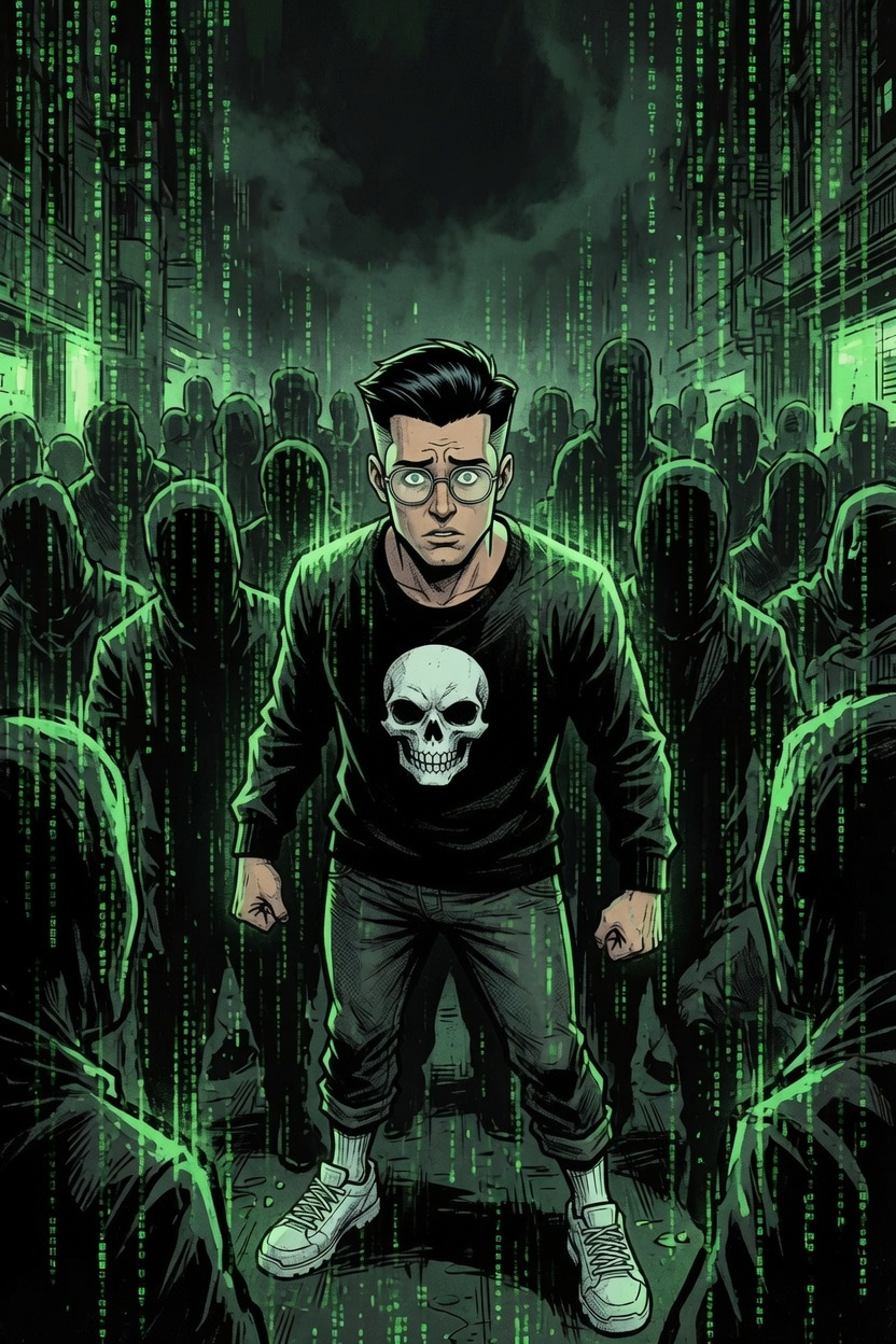 Red Skies Issue #1 cover — Kestrel Vane surrounded by a crowd of faceless figures in a green digital-rain cyberpunk city